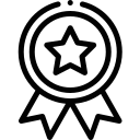 Black and white icon of a ribbon with a star in the center, representing an award, achievement, or certification.