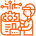 Person wearing a hard hat interacting with a digital interface displaying graphs and a gear, symbolizing technology and data in an industrial or engineering context.