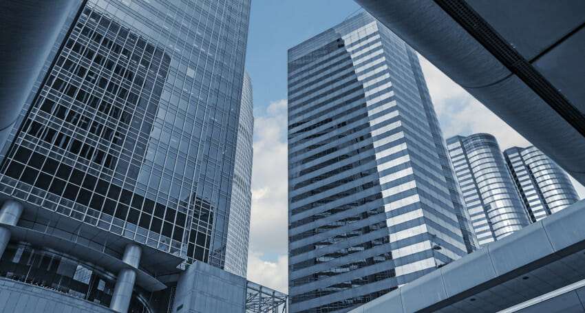 An innovative cityscape with several tall buildings showcasing civil engineering projects.