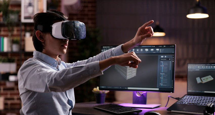 A woman is using virtual reality to simulate Civil Engineering projects.