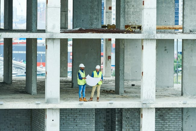 Two construction workers wearing safety vests and helmets examine blueprints inside the unfinished concrete structure of a multi-story building.
