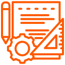 Orange icon showing a pencil, a document with text lines, a cogwheel, and a triangular ruler, representing planning, designing, or engineering concepts.
