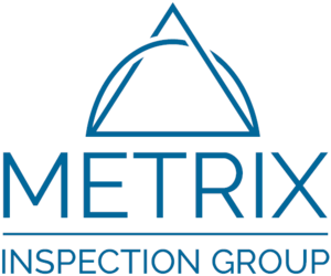 Logo for Metrix Inspection Group featuring a geometric triangle and arc design above the company name, with "INSPECTION GROUP" in uppercase below a horizontal line.