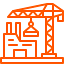 Orange line drawing of a construction crane lifting material next to a factory building.