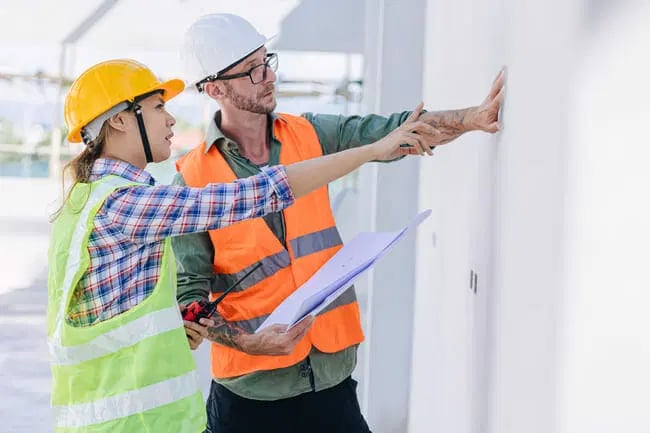 Two construction workers in safety vests and helmets examine a wall; one holds documents and a pencil while the other points at the surface.