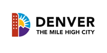 Denver city logo with a stylized illustration of buildings, mountains, and sun, alongside the text "DENVER THE MILE HIGH CITY.