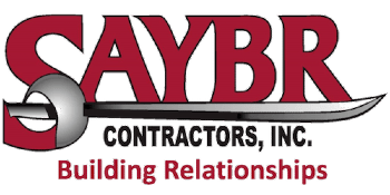Logo for SAYBR Contractors, Inc. featuring a sword underlining the company name, with the tagline "Building Relationships" below.