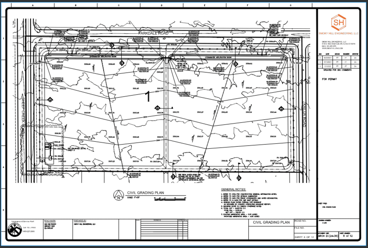Civil grading plan drawing showing site boundaries, contour lines, drainage flow arrows, labels, notes, and a title block with company logo in the upper right corner.