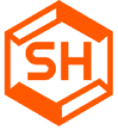 Orange hexagon outline with the letters "SH" inside, also in orange, on a transparent background.