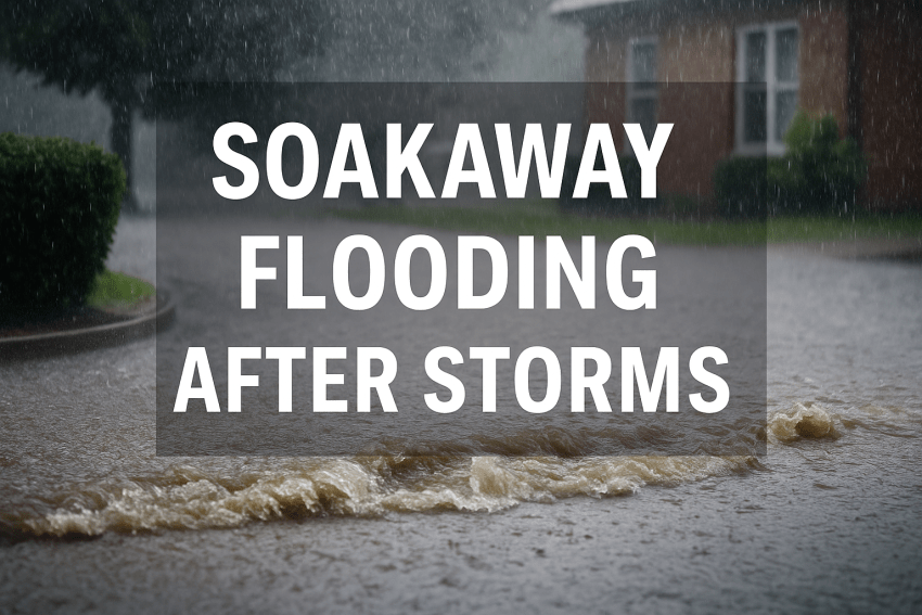Flooded driveway and drainage grate in Southampton showing rainwater pooling, representing soakaway flooding and professional repairs by Drains24
