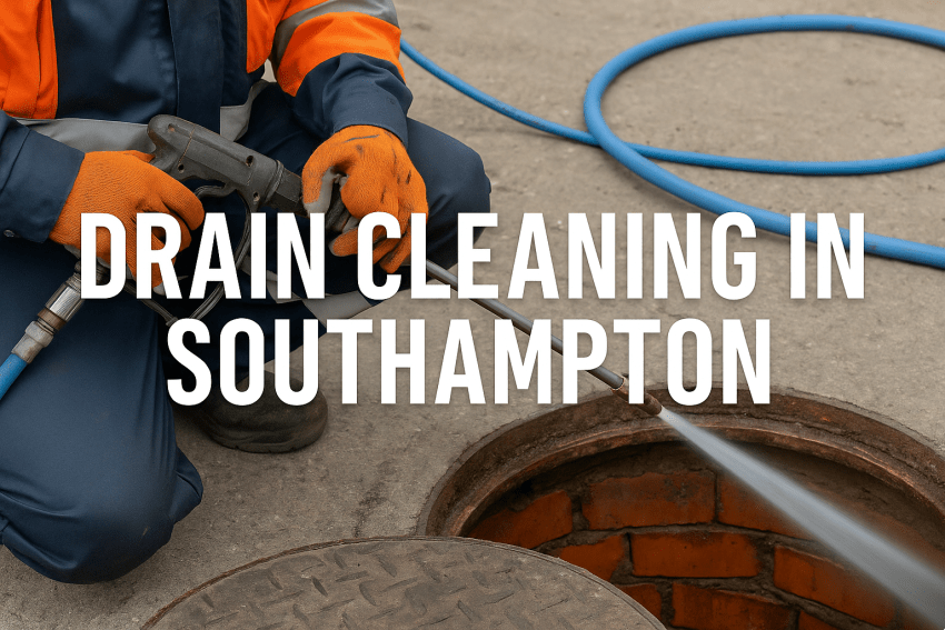 A high-pressure water jet cleaning a blocked outdoor drain in Southampton, overlaid with bold white text reading 'Drain Cleaning Southampton' – professional drainage services by Drains24.