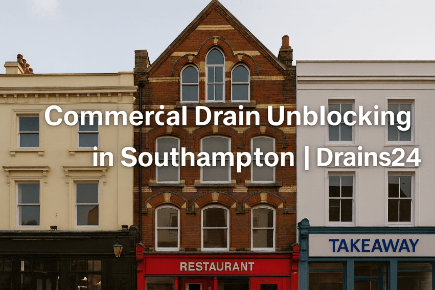 Professional drain engineer performing commercial drain unblocking in a Southampton restaurant kitchen using high-pressure jetting equipment.