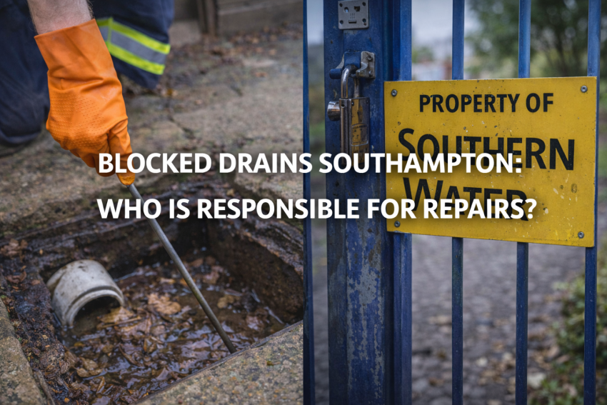 Blocked drains in Southampton showing a drain being cleared alongside a water company access gate, illustrating responsibility for drainage repairs