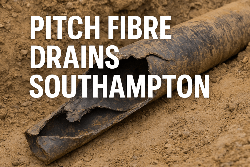 Collapsed pitch fibre drain pipe uncovered during excavation in a Southampton property, showing severe deformation and failure.
