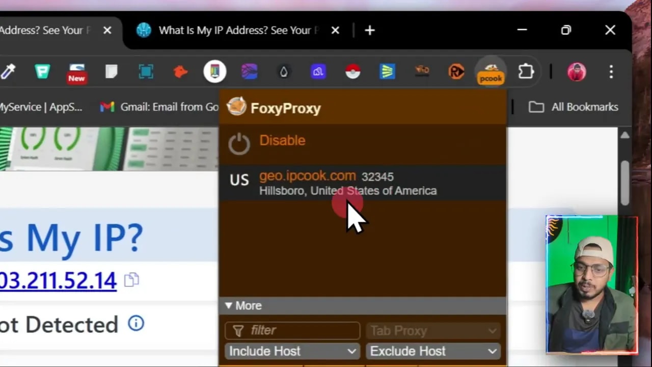 FoxyProxy showing geo.ipcook.com US proxy selection with IP lookup result in browser