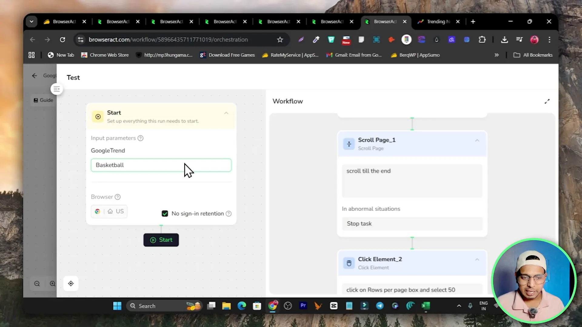 Test run being started and CSV output ready to download