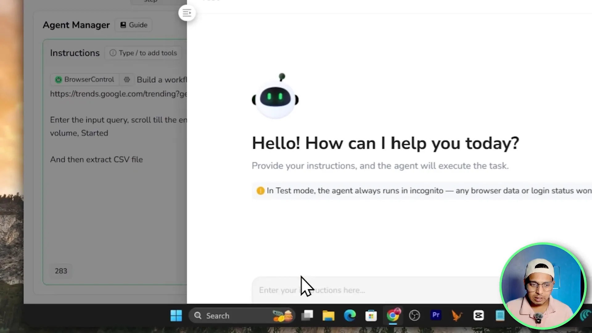 Quick Agent plain text prompt area where you type instructions