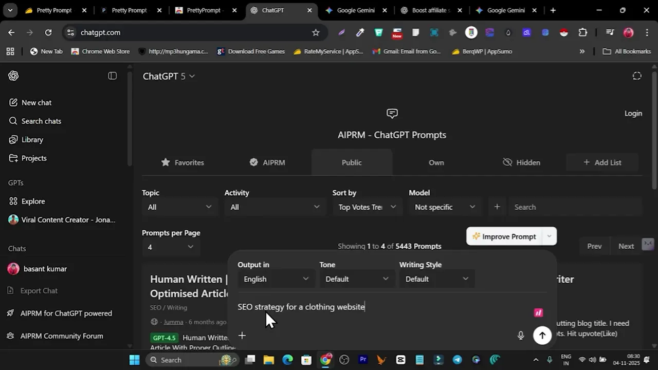 Typing a simple prompt 'SEO strategy for a clothing website' into a new chat interface