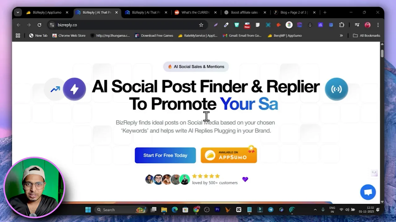 BizReply homepage showing AI social media finder and reply dashboard