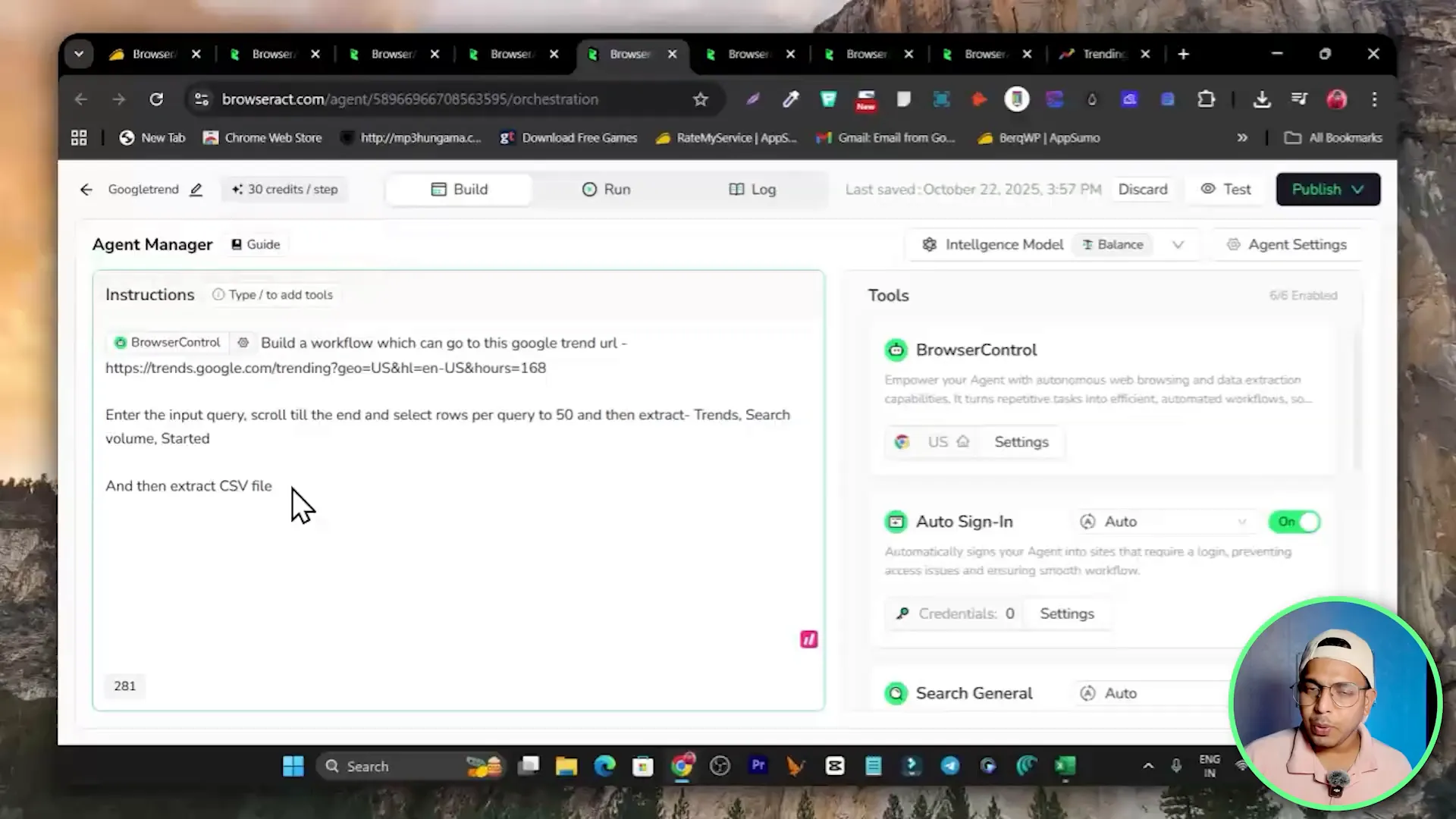 Quick Agent screen showing a detailed prompt describing the workflow steps