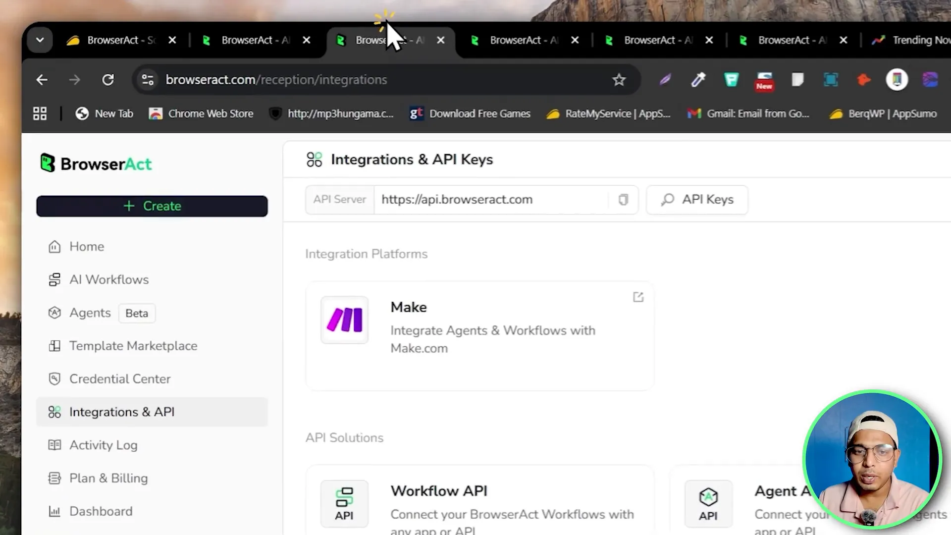 Integration options and API code snippet for connecting to Make or Zapier