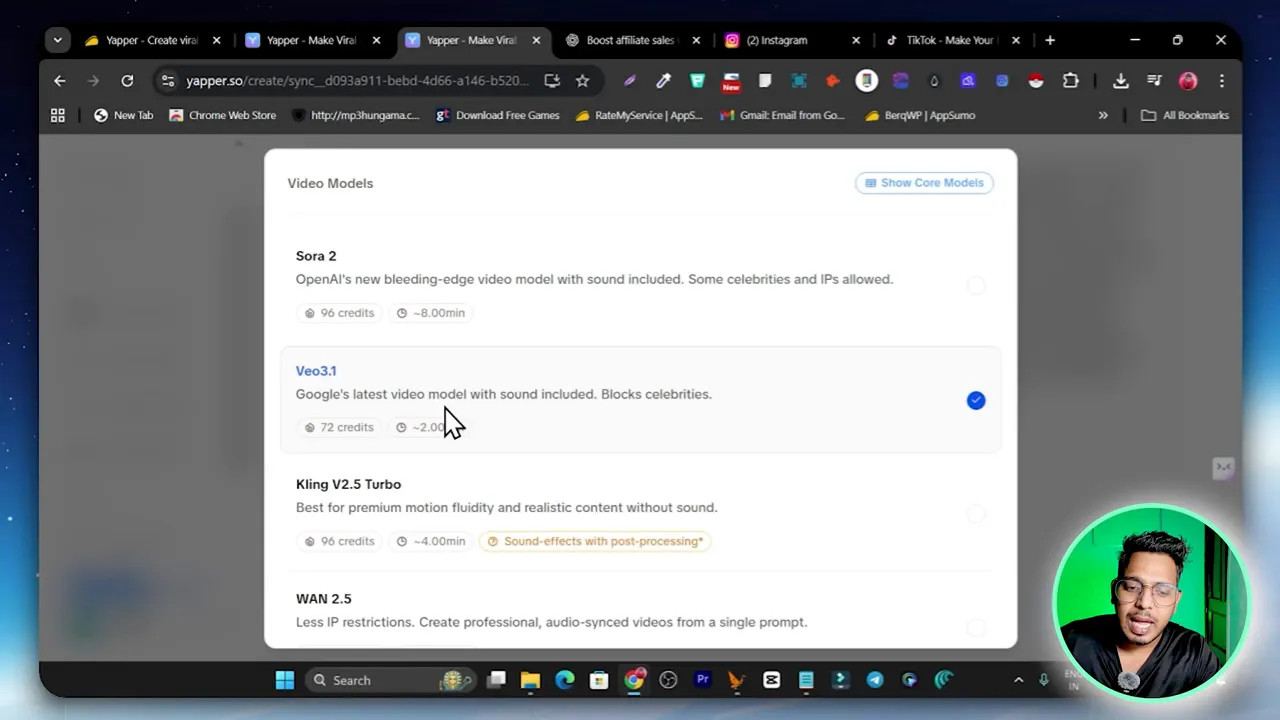 Model selection menu showing SORA 2, VO3.1 and more