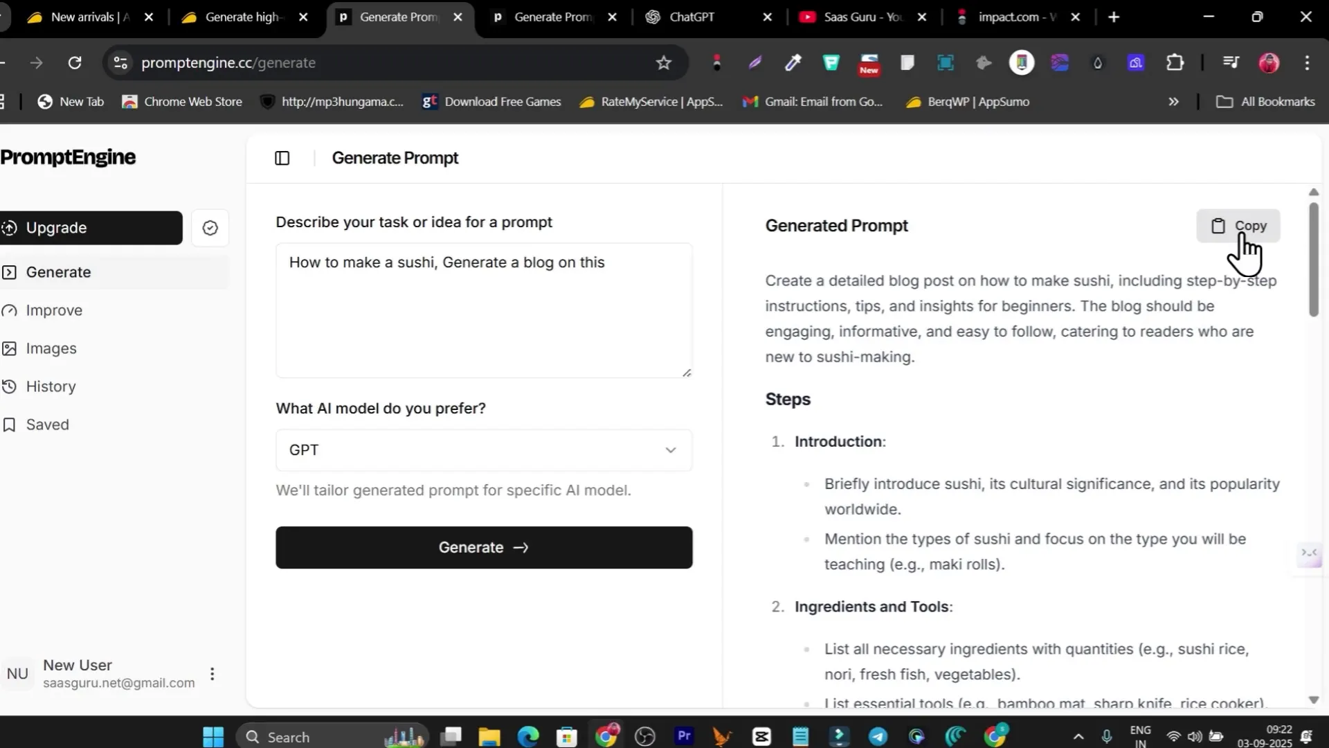 Generated professional prompt showing sections: steps, ingredients, tools, preparation, tips, output format