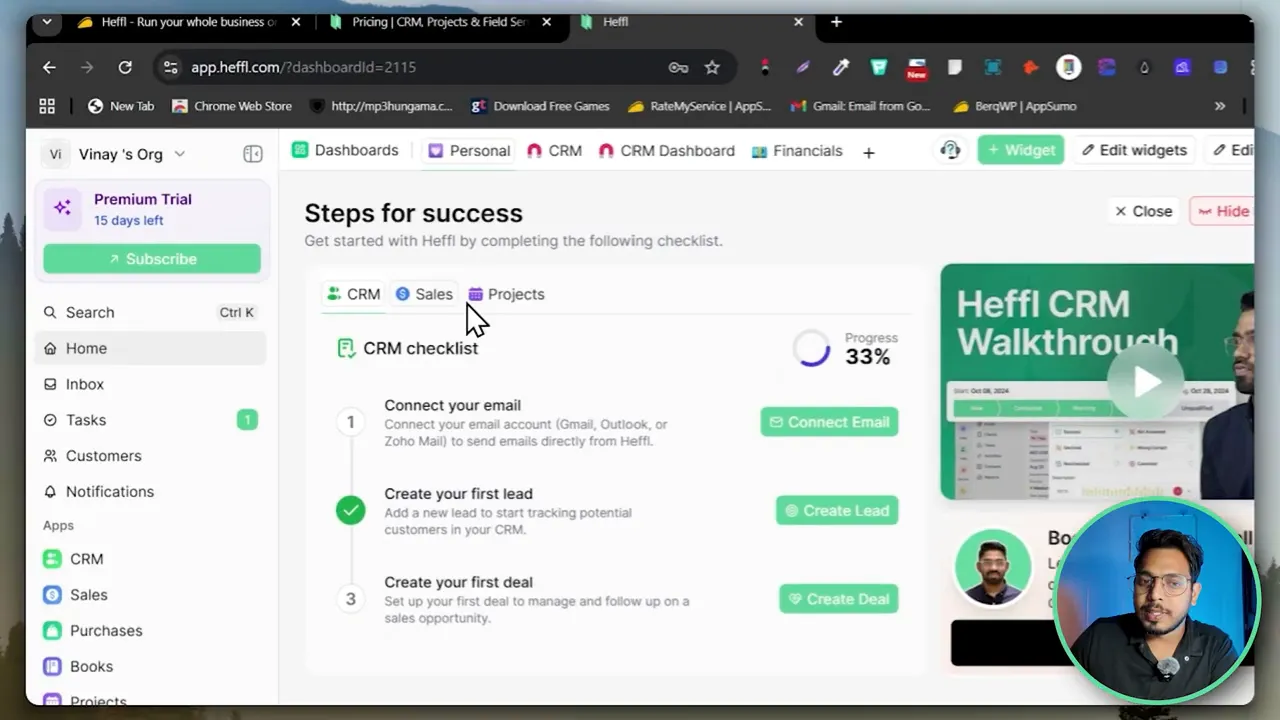 Heffl email connection screen showing Gmail, Outlook and Zoho options