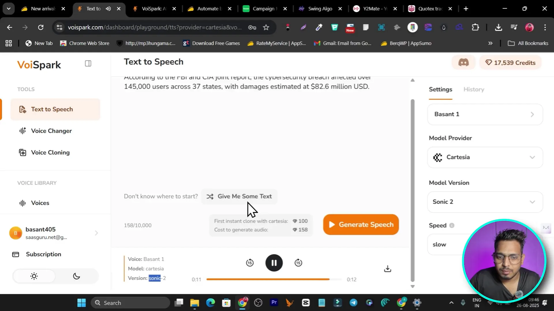 Generated speech playback showing clone voice, model Sonic 2 used