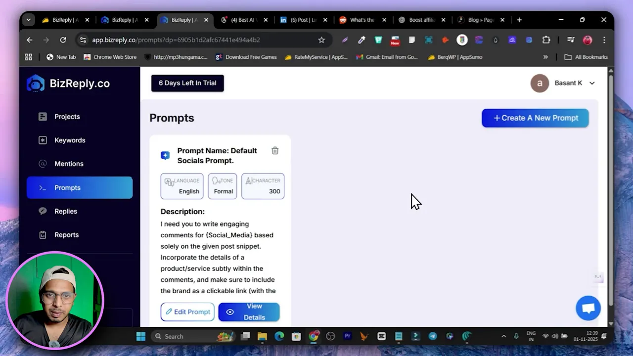Custom prompts area for creating tailored AI reply instructions