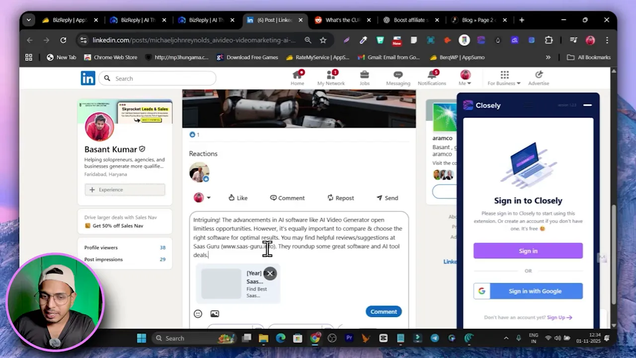 LinkedIn post opened from BizReply view and ready to paste AI-generated reply