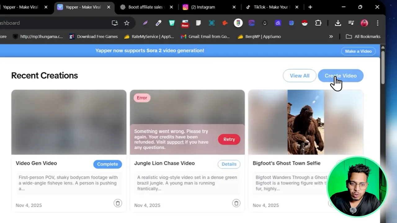 Yapper dashboard showing create video button and recent creations