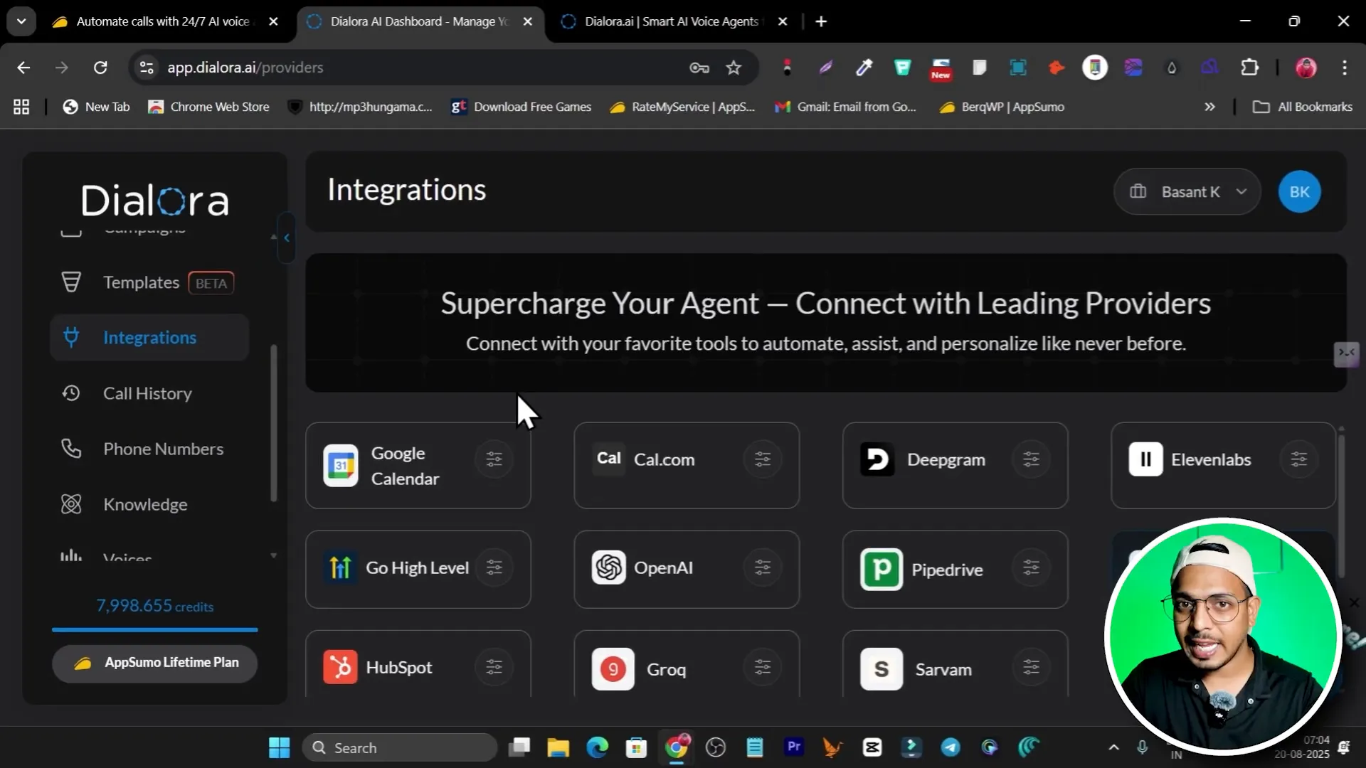 Integrations dashboard showing Google Calendar, Cal.com, 11 Labs, OpenAI, HubSpot