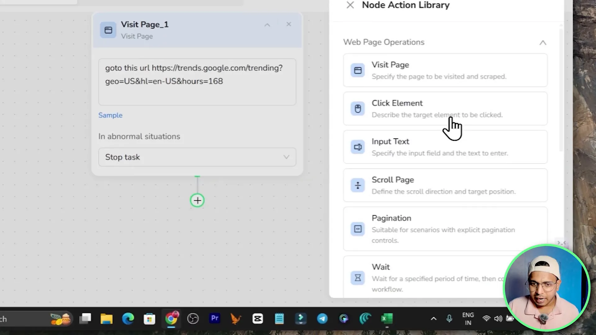 Click element action selecting the search icon in the workflow builder