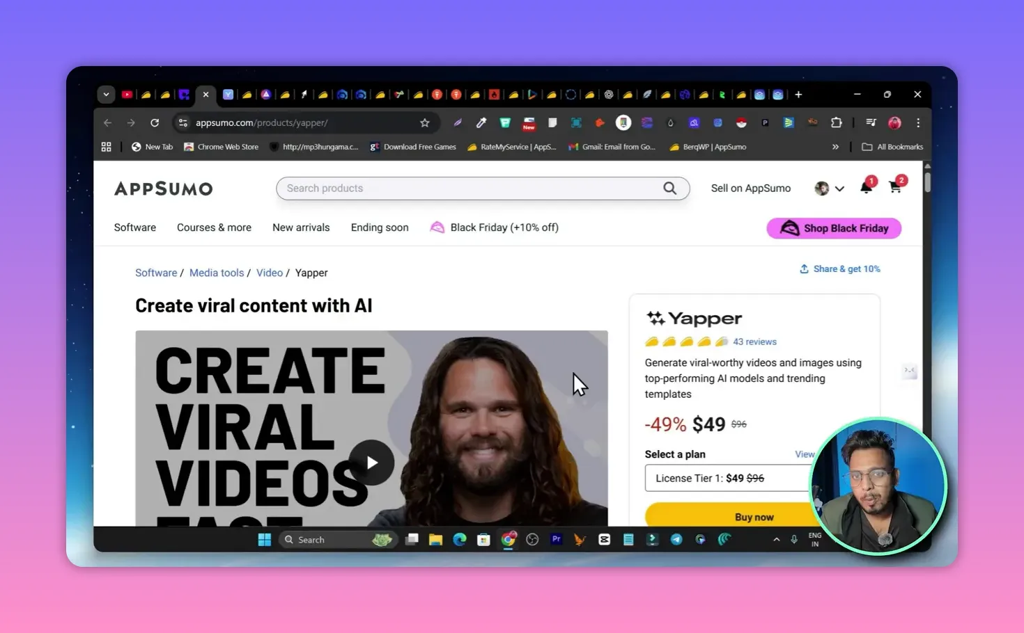 AppSumo Yapper product page showing hero banner 'Create viral content with AI' and pricing panel