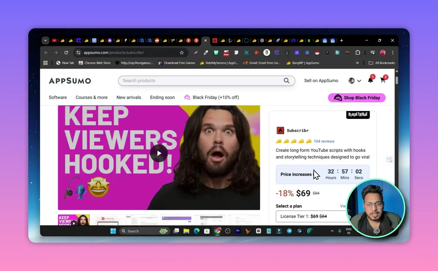 AppSumo Subscribr page with large 'KEEP VIEWERS HOOKED' hero thumbnail, product details and pricing