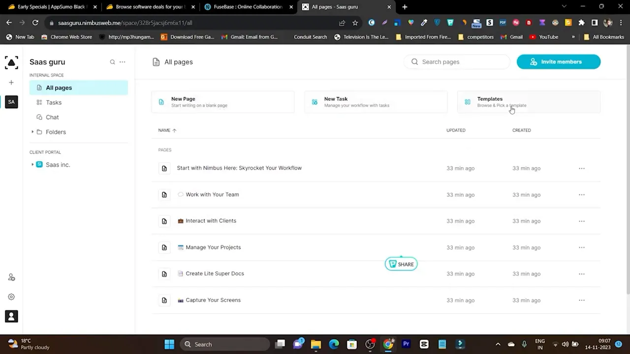 Fusebase templates, tasks and chat interface