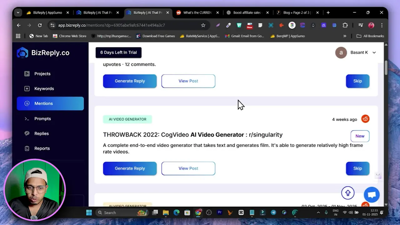 BizReply listing posts found across Reddit for keyword 'AI video generator'