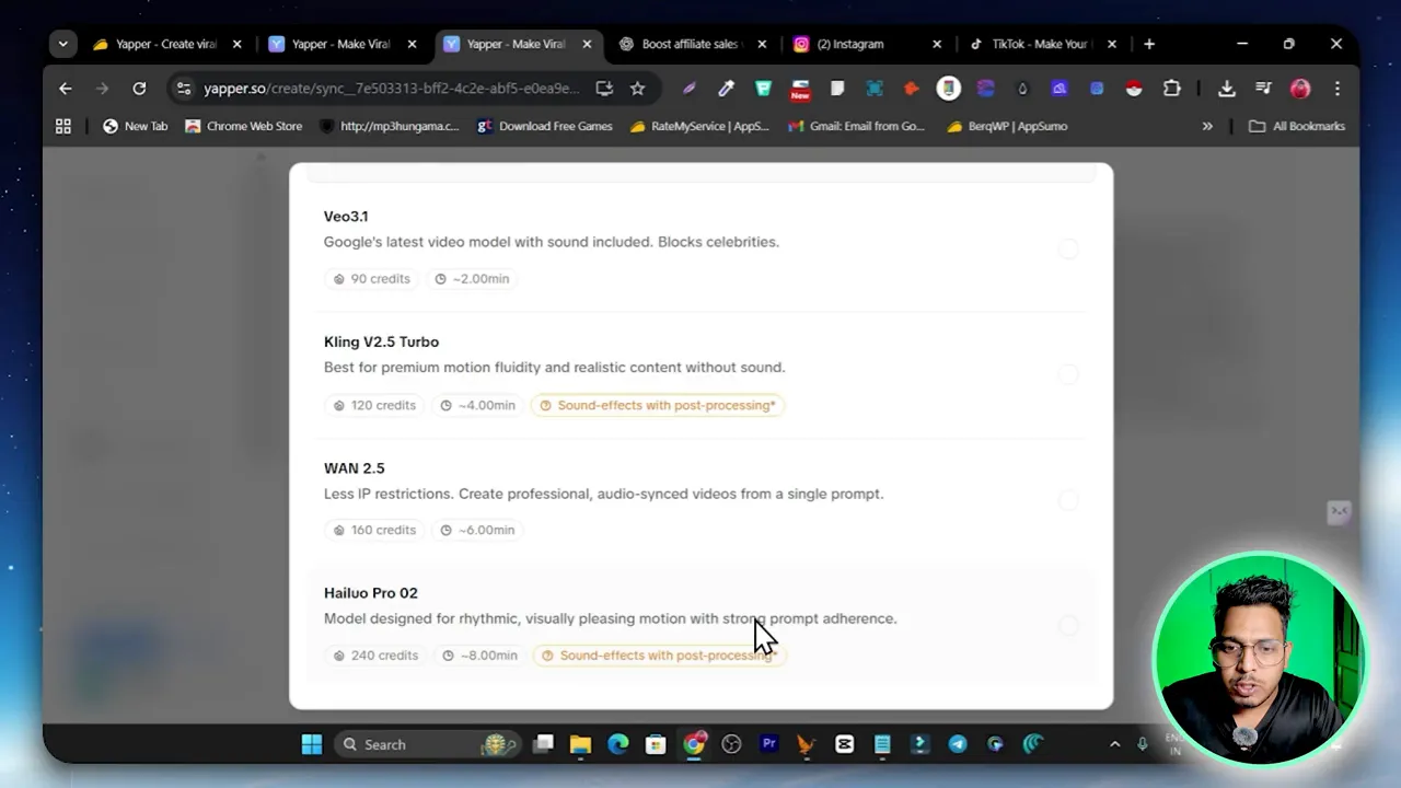 List of supported AI models in Yapper including SORA 2 and VO3.1