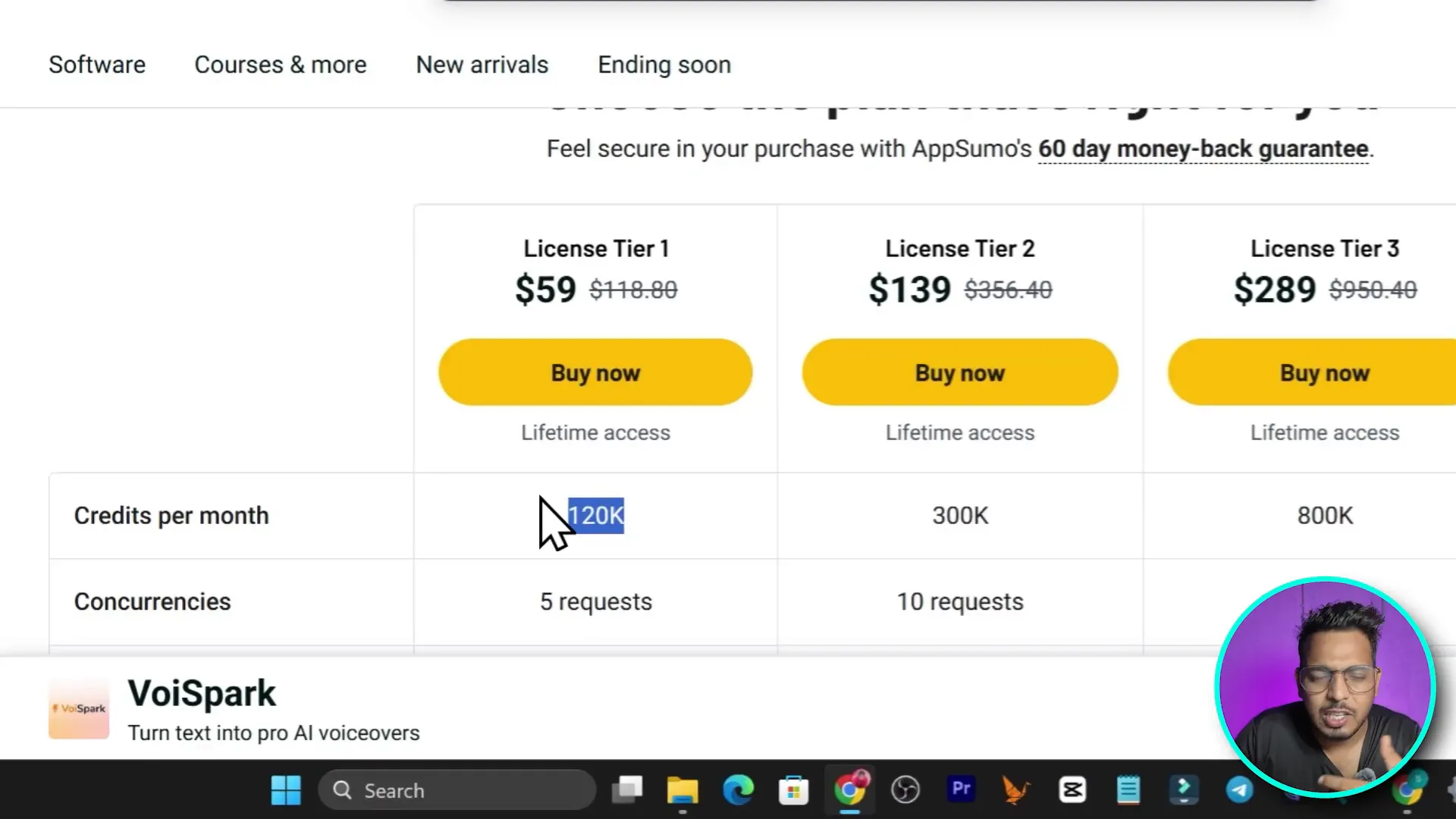 Pricing section showing lifetime deal information and 120k credits