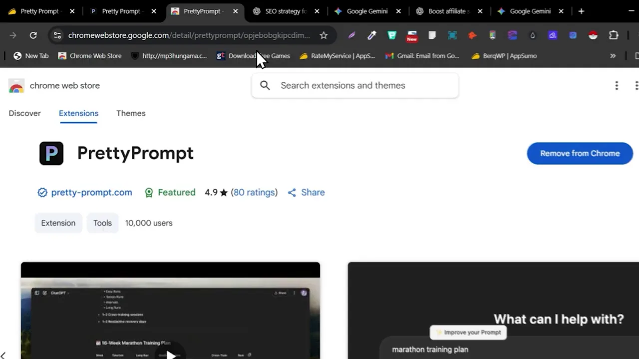 Pretty Prompt Chrome extension installed and visible in the browser