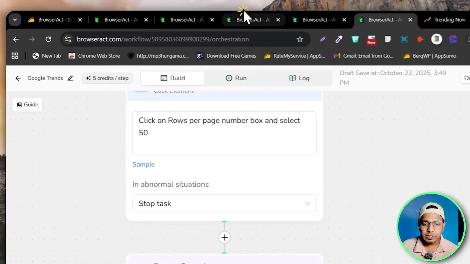 BrowserAct AI workflow builder showing node action library