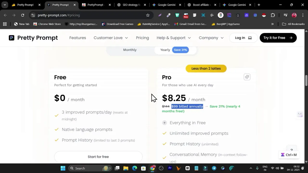 Pretty Prompt pricing page showing pro plan and lifetime deal pricing