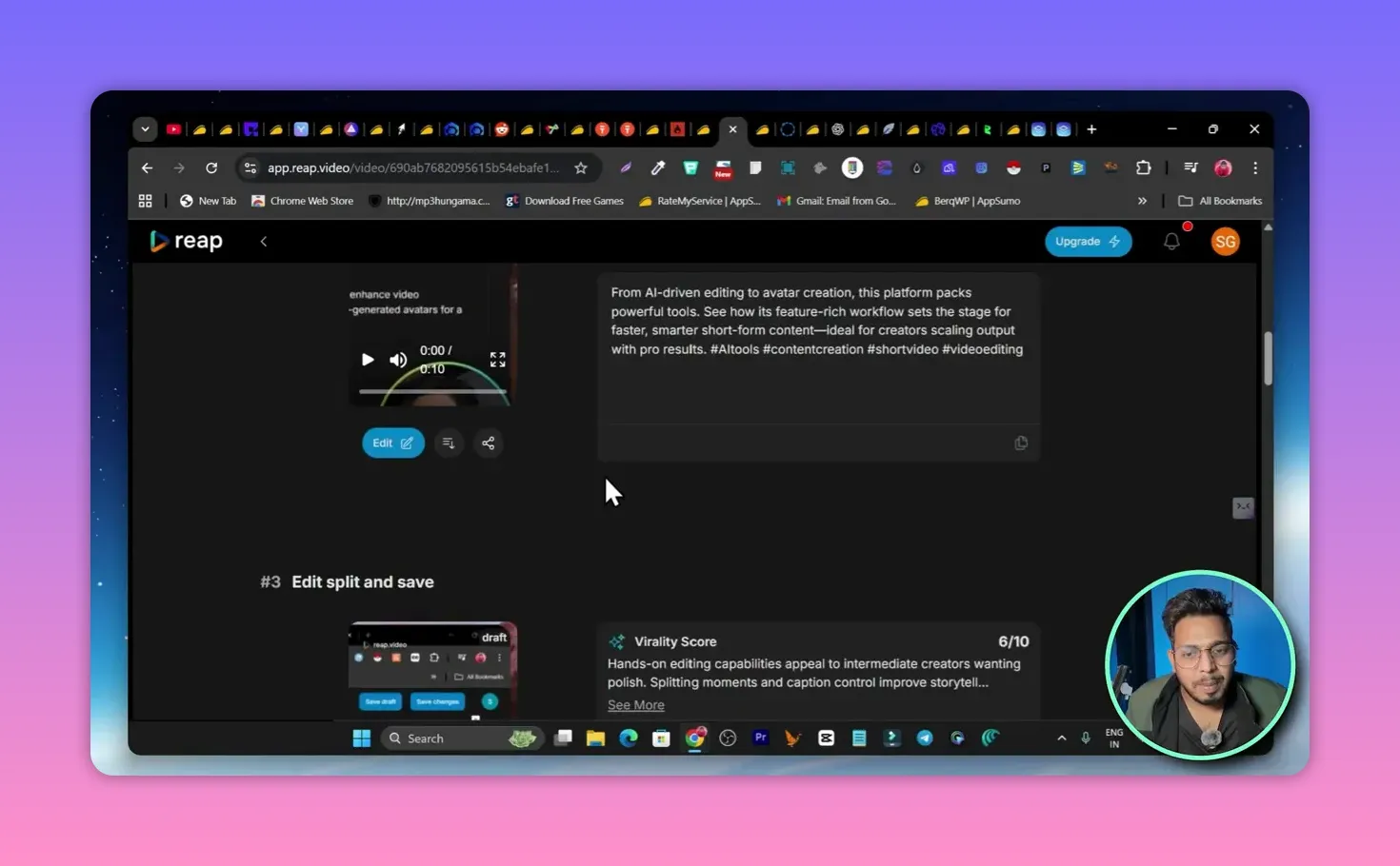 Full Reap interface screenshot with video player preview, Edit button, social caption panel and presenter thumbnail overlay.