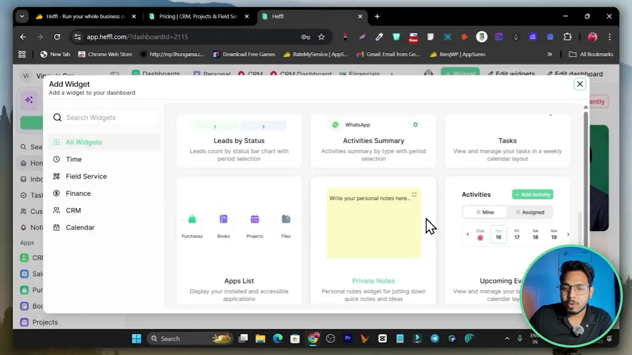 Adding widgets on the Heffl dashboard — drag-and-drop widget placement
