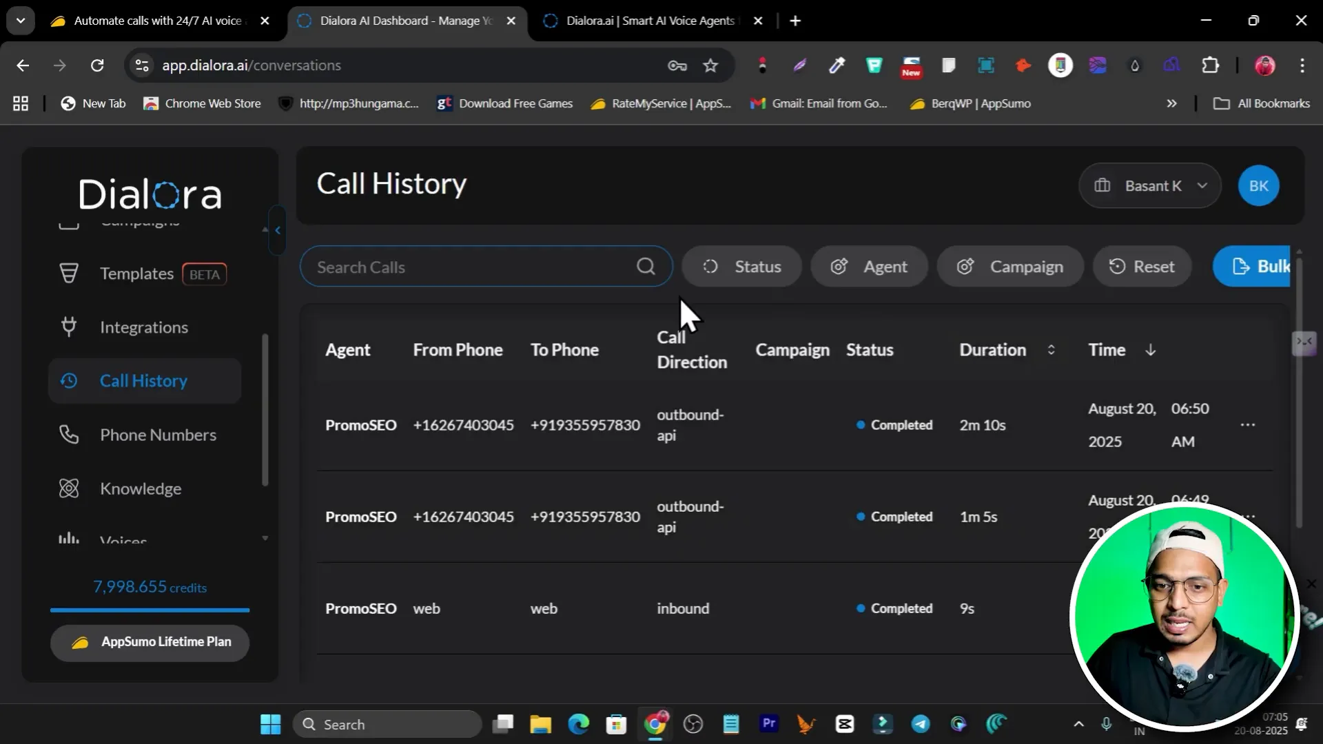Call history page showing recent calls and outcomes