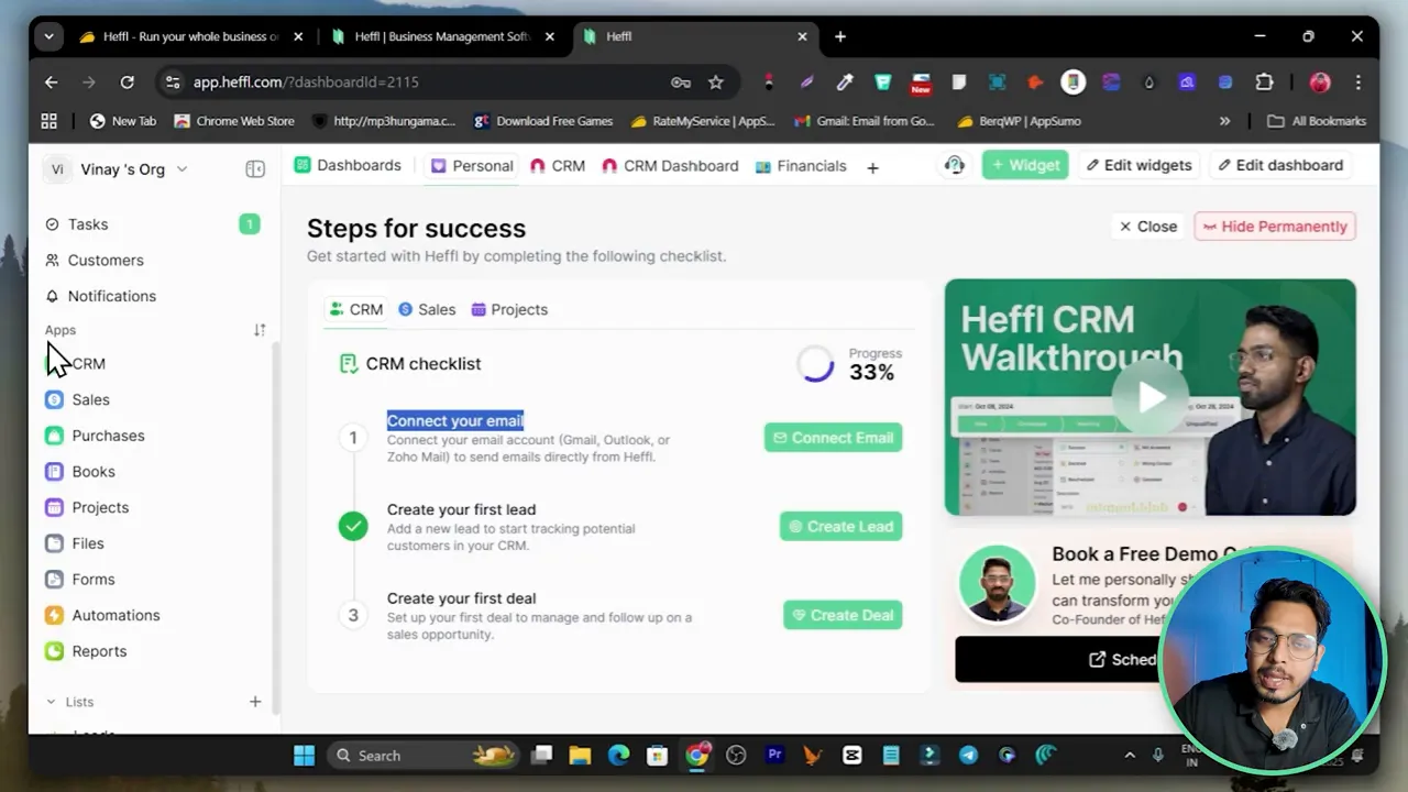 Heffl app store view showing CRM, Sales, Finances, Projects and Automation modules