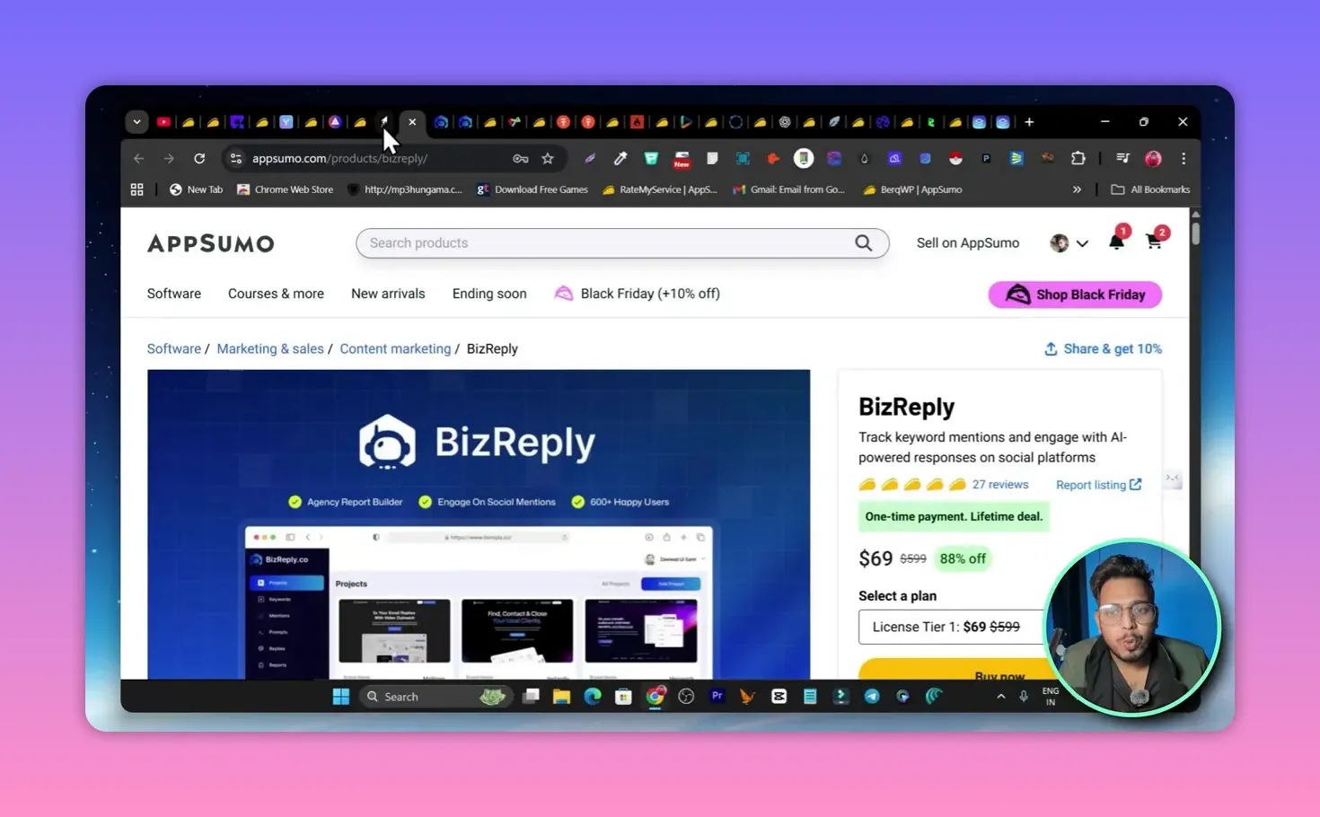 AppSumo product page for BizReply showing banner, features preview and pricing panel