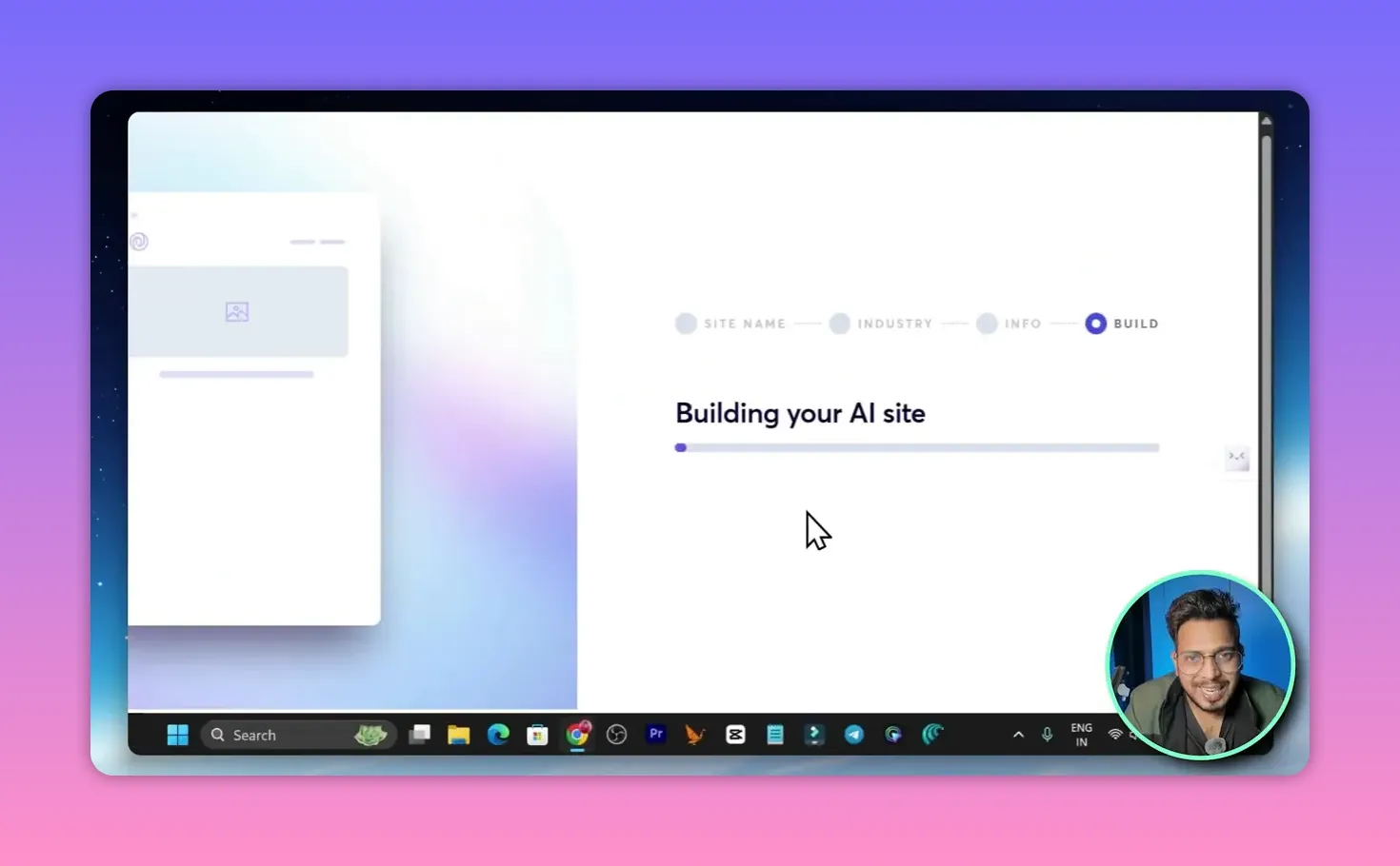 Brizy progress screen reading 'Building your AI site' with a progress bar and presenter thumbnail inset.