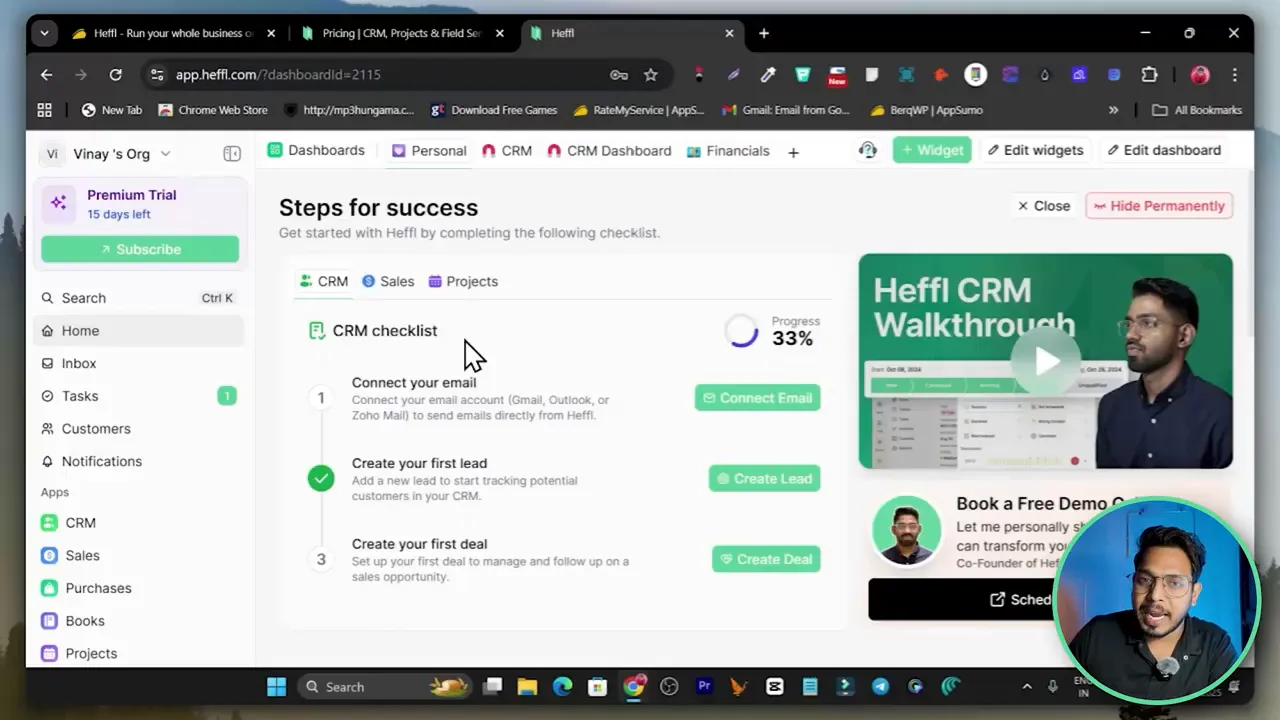 Heffl home dashboard with onboarding checklist and widgets